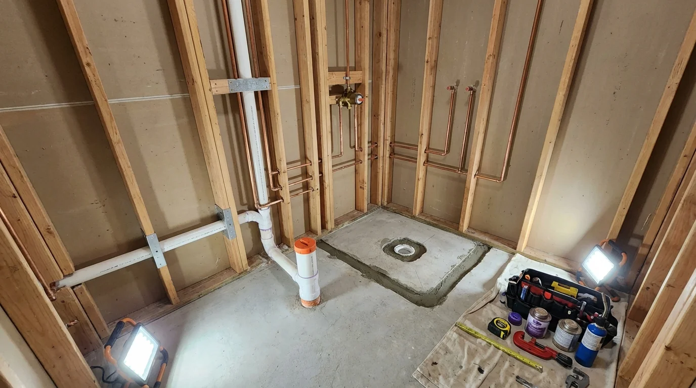 Bathroom rough-in plumbing during remodel by Johns Plumbing LLC in Lone Grove
