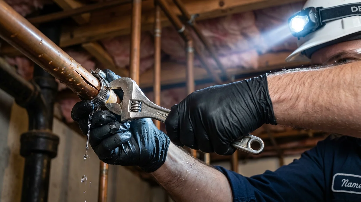 Emergency pipe clamp repair being performed by a Johns Plumbing LLC plumber in Lone Grove