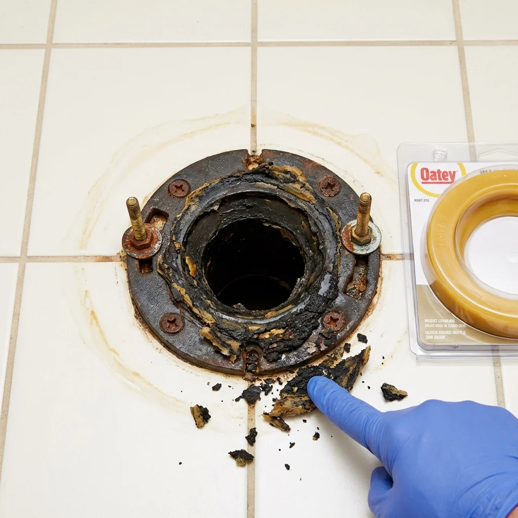 Failed wax ring showing water seepage at the base of a toilet in a Lone Grove, OK home