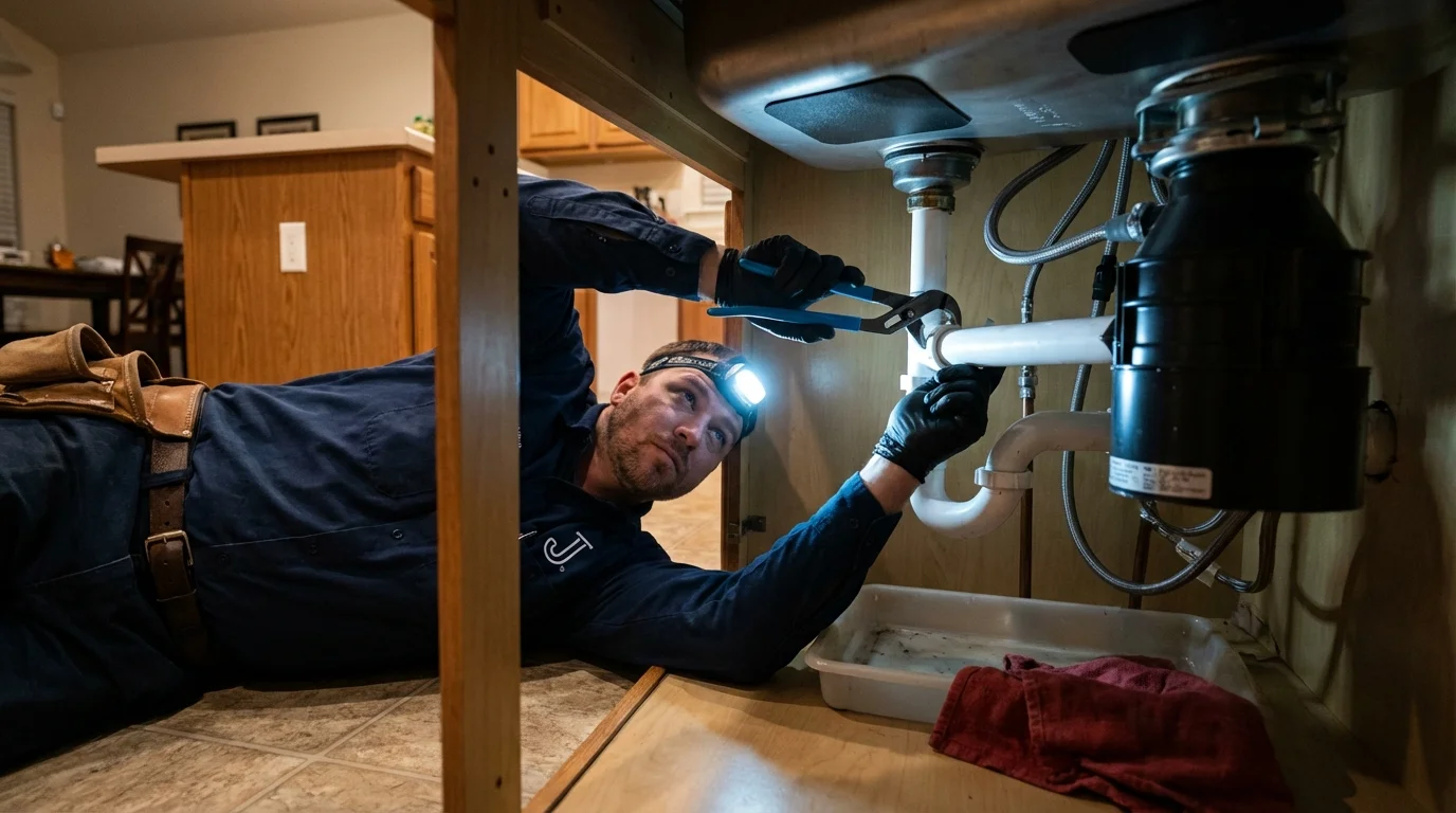 P-trap and supply line connections under a kitchen sink showing a common leak point in Lone Grove, OK